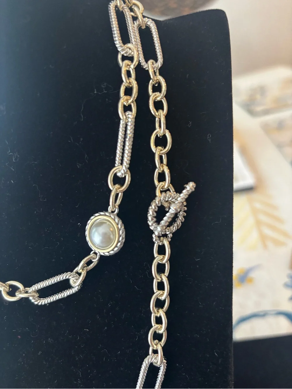 Gold-2 Tone Pearl Station Long Necklace - Layered Chain Style